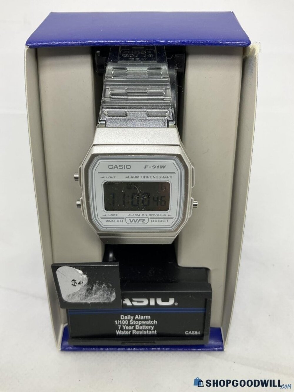 Casio F‑91W Silver‑Tone Digital Watch w/ Clear Resin Strap + Original Box – Test